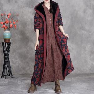 Fleeced Lining Flowers Patterned Hooded Winter Coat