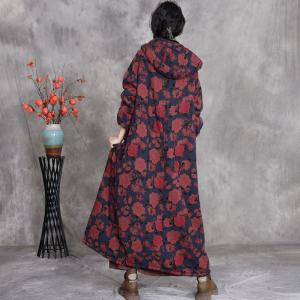 Fleeced Lining Flowers Patterned Hooded Winter Coat