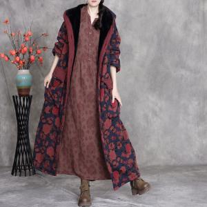 Fleeced Lining Flowers Patterned Hooded Winter Coat