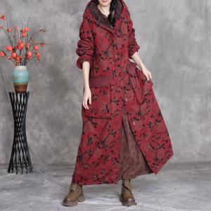Fleeced Lining Flowers Patterned Hooded Winter Coat