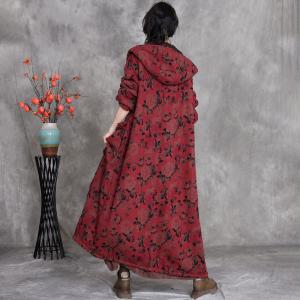 Fleeced Lining Flowers Patterned Hooded Winter Coat
