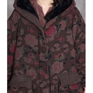 Fleeced Lining Flowers Patterned Hooded Winter Coat