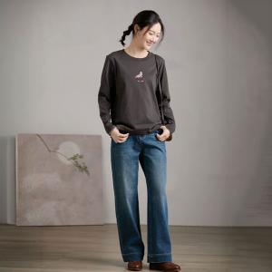 Long Sleeves Cute Horse Embroidery T-shirt