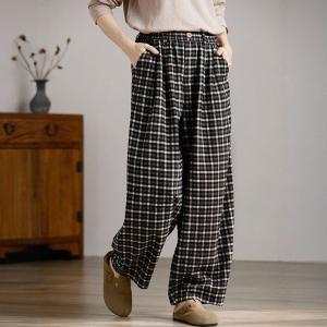 High Rise Black Plaid Cotton Straight Leg Pants