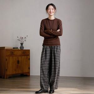 High Rise Black Plaid Cotton Straight Leg Pants