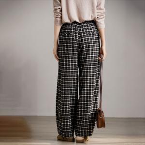 High Rise Black Plaid Cotton Straight Leg Pants