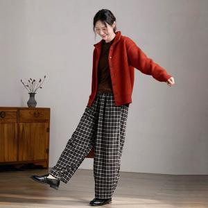 High Rise Black Plaid Cotton Straight Leg Pants