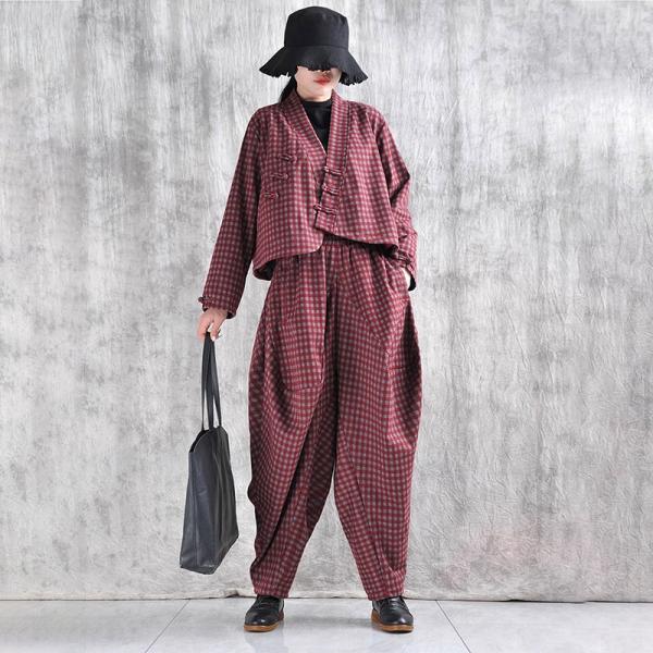 Casual Polyester/Terylene Long Sleeve V-Neck Plaid Red comfy 90s slouchy lazy day