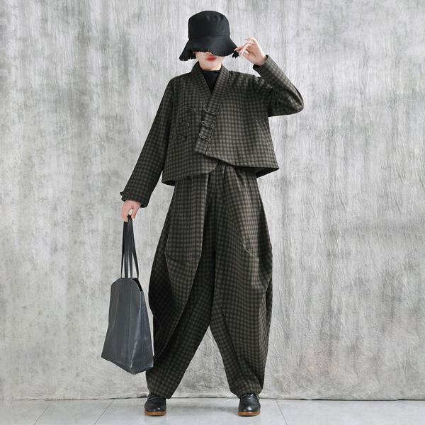 Casual Wool Blend Long Sleeve V-Neck Plaid Dark Army Green comfy lazy day baggy 90s