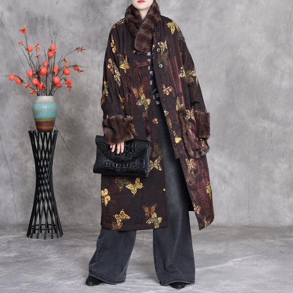 Elegant 100% Rayon Long Sleeve Stand Collar Printed Dark Coffee comfy plus size 90s winery resort business casual