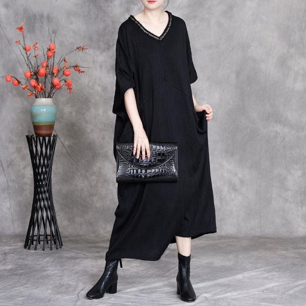 Casual Tencel Half Sleeve V-Neck Solid Color Black comfy oversized resort brunch travel winery