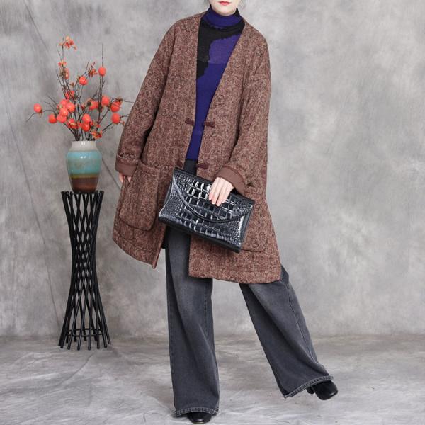 Casual 45% Cotton+55% Linen Long Sleeve V-Neck Floral Coffee comfy oversized 90s lazy day slouchy