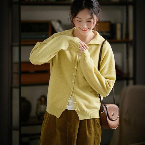 Casual 100% Basulam Sheep Wool Long Sleeve Polo Neck Solid Color Yellow comfy oversized lazy day winery resort brunch