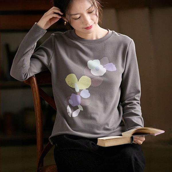 Casual Cotton Blend Long Sleeve Round Neck Printed Gray comfy oversized lazy day 90s