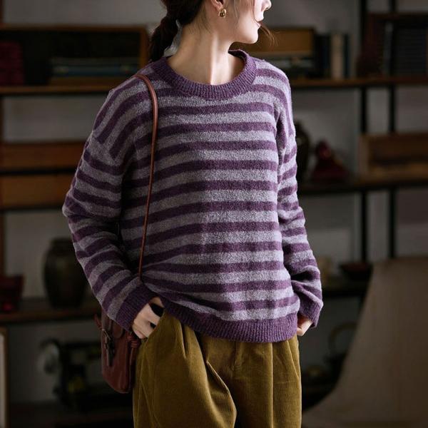 Casual Wool Blend Long Sleeve Round Neck Striped Purple comfy oversized 90s slouchy ulzzang lazy day