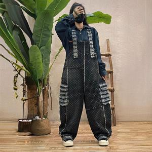 Fringed Pockets White Dots Black Jean Overalls