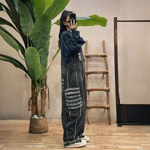 Fringed Pockets White Dots Black Jean Overalls