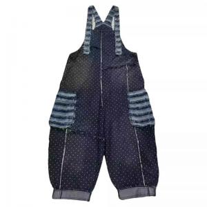 Fringed Pockets White Dots Black Jean Overalls