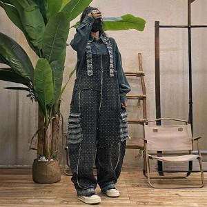 Fringed Pockets White Dots Black Jean Overalls