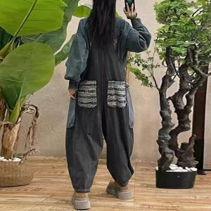 Black and Blue Baggy Pockets Fringed Overalls