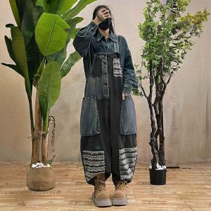 Black and Blue Baggy Pockets Fringed Overalls