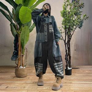 Black and Blue Baggy Pockets Fringed Overalls