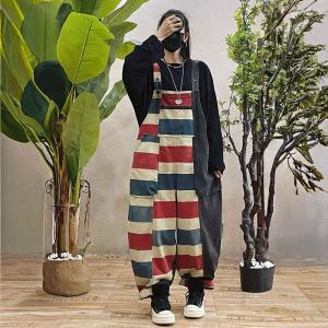 Contrast Colored Stripes Loose Baggy Overalls