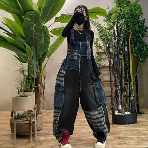 Black Contrast Loose Fringed Designer Overalls