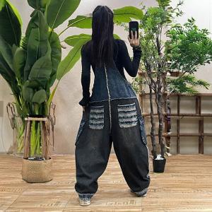 Black Contrast Loose Fringed Designer Overalls