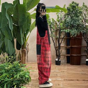 Large Size Casual Red Gingham Overalls
