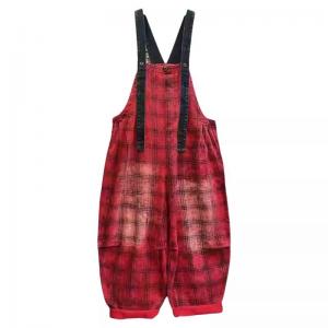 Large Size Casual Red Gingham Overalls