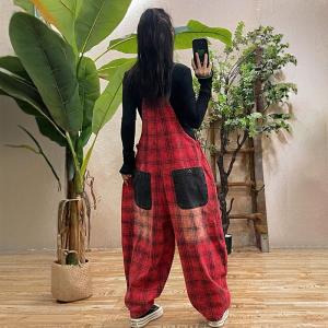 Large Size Casual Red Gingham Overalls