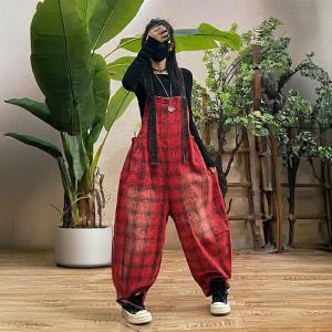 Large Size Casual Red Gingham Overalls