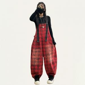 Large Size Casual Red Gingham Overalls