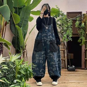 Black Pockets Printed Blue Jean Dungarees