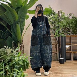 Black Pockets Printed Blue Jean Dungarees