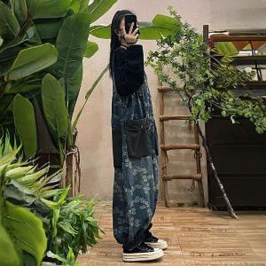Black Pockets Printed Blue Jean Dungarees