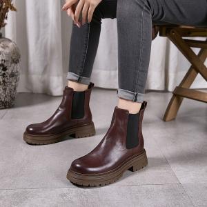 Chunky Heels Cowhide Fashion Chelsea Boots