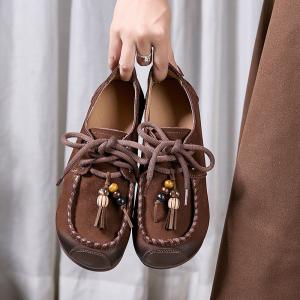 Boho Chic Beads Shoelace Leather Loafers