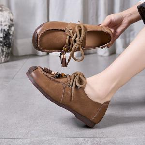 Boho Chic Beads Shoelace Leather Loafers