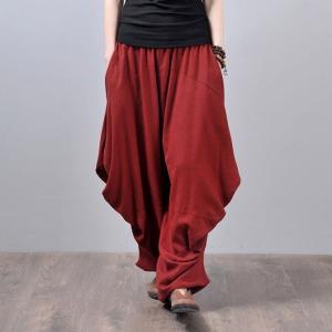 Side Drawstring Plus Size Red Linen Balloon Yoga Pants