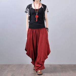 Side Drawstring Plus Size Red Linen Balloon Yoga Pants