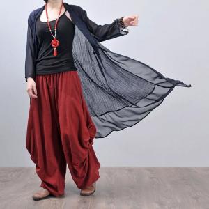 Side Drawstring Plus Size Red Linen Balloon Yoga Pants