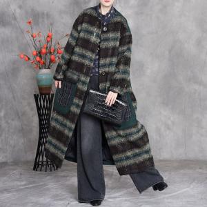 Business Office Chunky Striped Long Tweed Coat