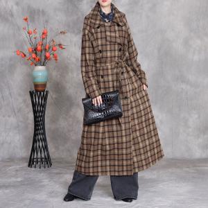 Wide Lapel Maxi Coffee Tied Tartan Coat