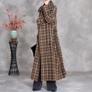 Wide Lapel Maxi Coffee Tied Tartan Coat