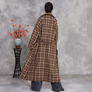 Wide Lapel Maxi Coffee Tied Tartan Coat
