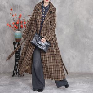 Wide Lapel Maxi Coffee Tied Tartan Coat