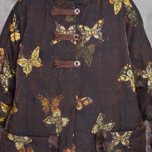 Yellow Butterfly Frog Buttons Coffee Fur Coat