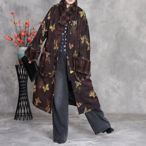 Yellow Butterfly Frog Buttons Coffee Fur Coat